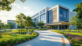 Green Hospital Modernes Bürogebäude mit Glasfassade und gepflegter Landschaftsgestaltung im Vordergrund, aufgenommen an einem sonnigen Tag mit blauem Himmel – Symbol für Innovation, Nachhaltigkeit und professionelle Arbeitsumgebung