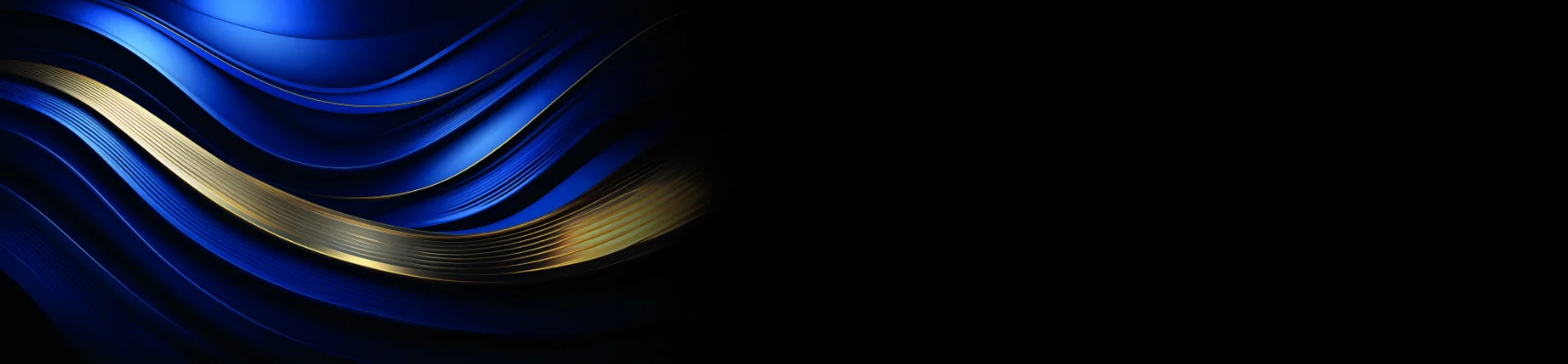 Abstrakte Wellen aus Blau- und Goldtönen fließen elegant von links ins Bild – symbolisieren Dynamik, Eleganz und digitale Bewegung