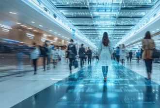 Transformationsfonds für Krankenhäuser Frau in weißem Kittel geht durch futuristisches, hell erleuchtetes medizinisches Zentrum mit digitalem Datenoverlay auf dem Boden, während Menschen um sie herum in Bewegung sind – Symbolbild für Digitalisierung, moderne Technologie, Künstliche Intelligenz und Zukunft der Medizin.