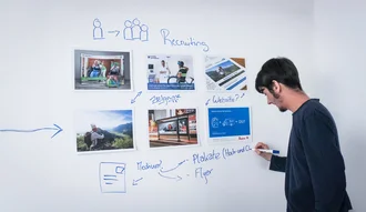 Personalmarketing Denkströme Mitarbieter schreibt an eine weiße Wand, auf der Skizzen, Fotos und Schlagworte rund um das Thema Recruiting und Zielgruppenansprache angebracht sind – kreatives Konzeptmeeting zur Arbeitgebermarke