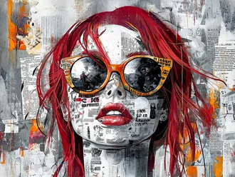 Kunstvolles Mixed-Media-Porträt einer Frau mit roten Haaren und Sonnenbrille, gestaltet aus Zeitungsausschnitten und urbanen Texturen – Symbol für Popkultur, Street Art und moderne visuelle Identität